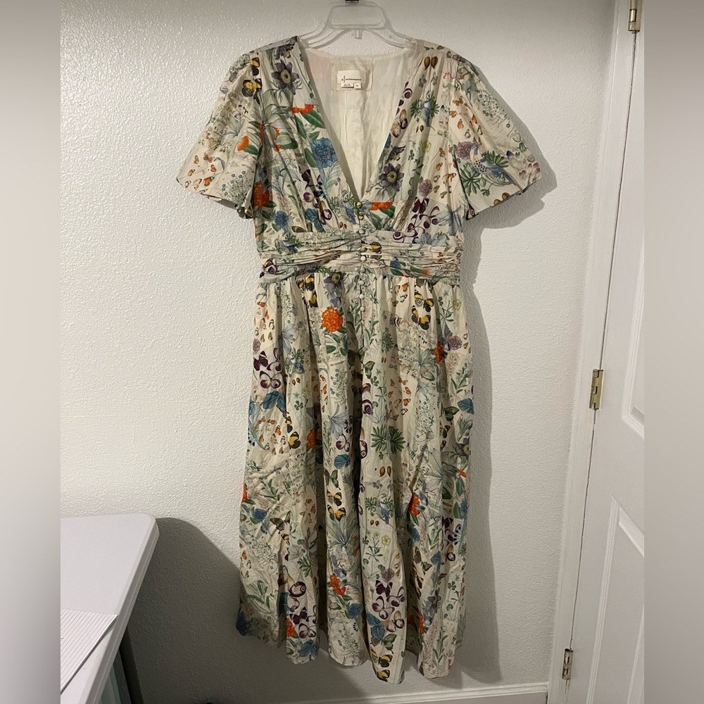 Anthropologie Katerina Floral Plunge Midi Dress in Cream